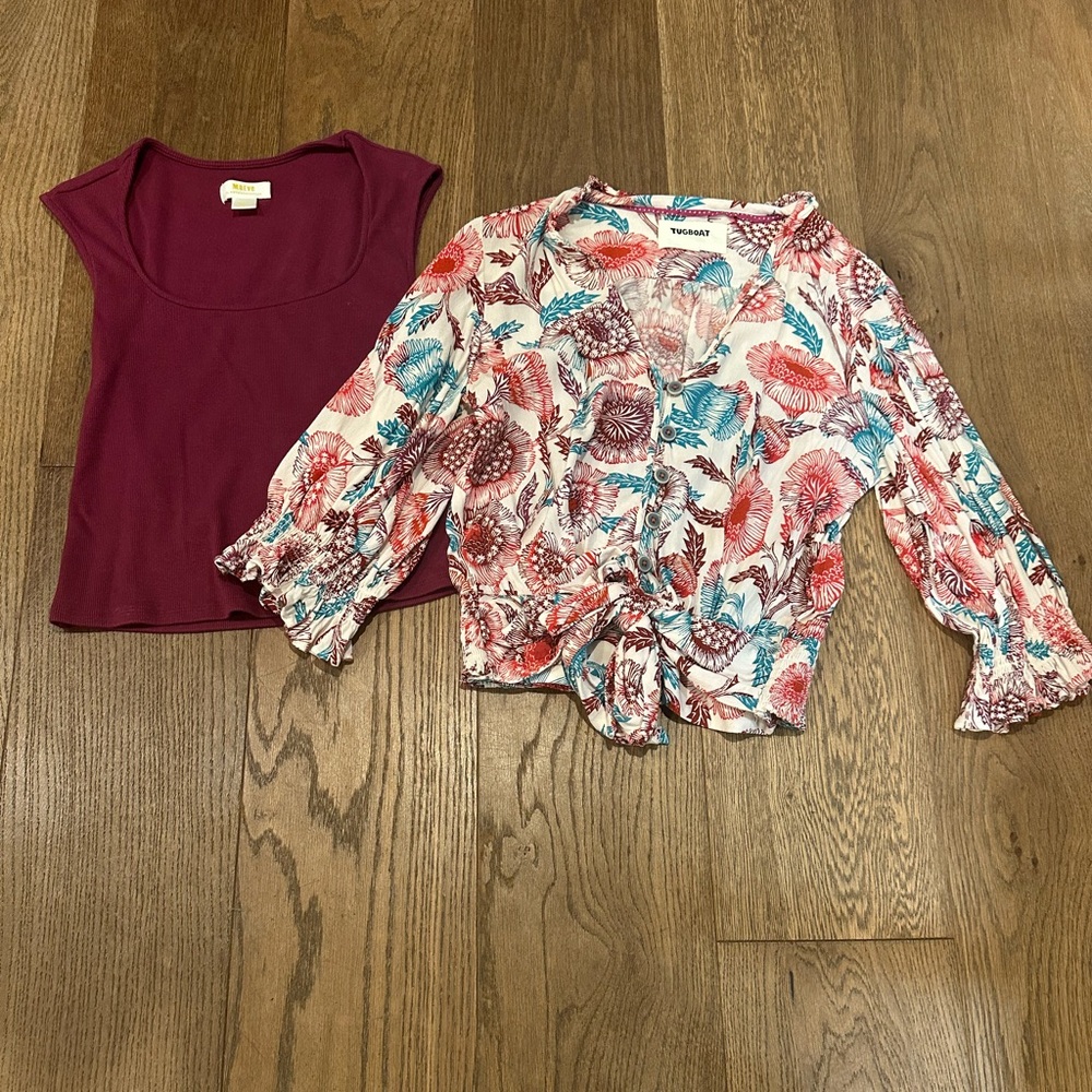 Anthropologie Floral Tie-Front Blouse and Maeve Burgundy Top